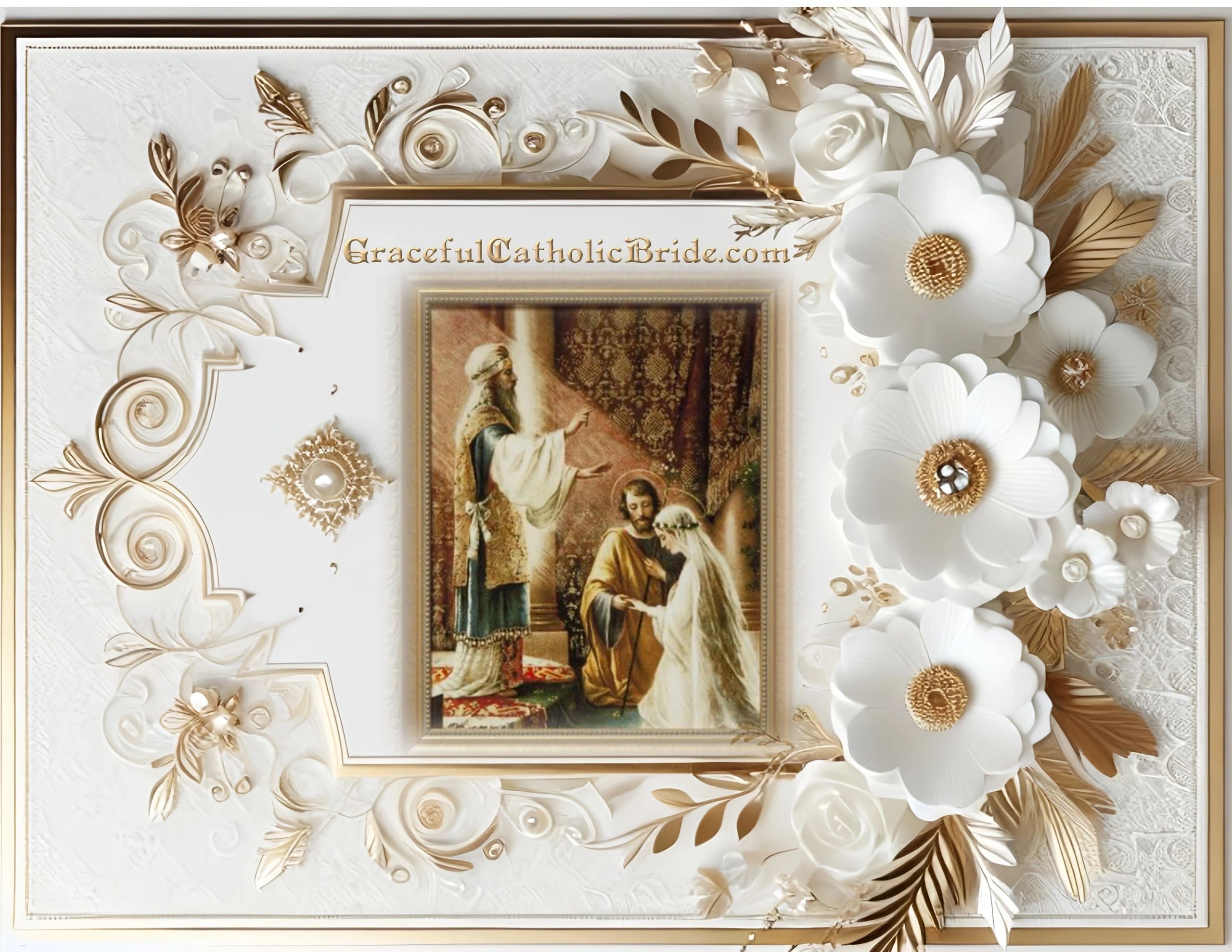 Graceful Catholic Bride — ornate ivory and gold floral frame with a Catholic wedding scene